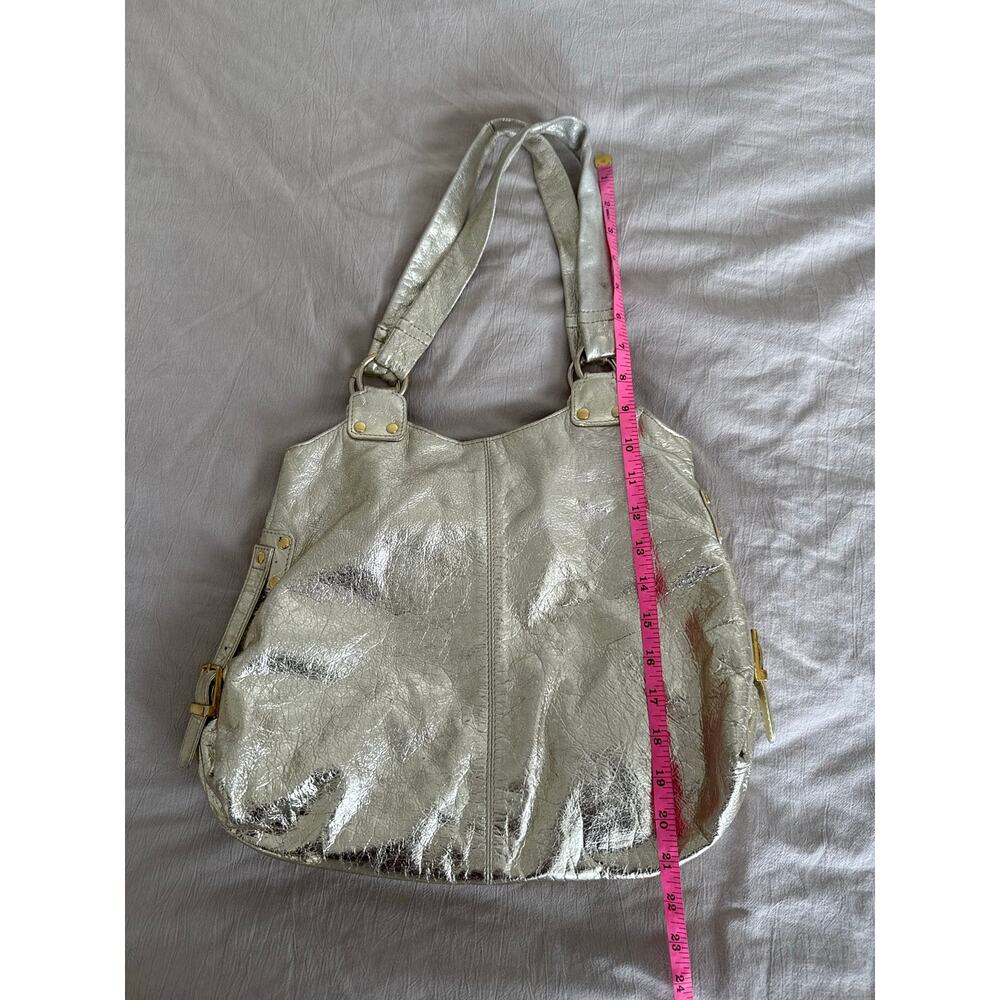 Vintage Y2K Metallic Silver Leather Hobo Shoulder Bag Gold Hardware Slouchy Tote - Picture 10 of 10